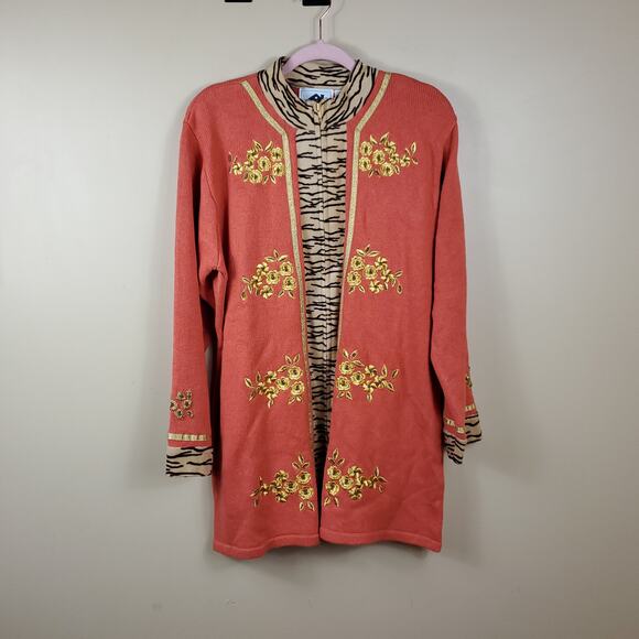Storybook Knits Full Zip Long Length Cardigan Embroidered Zebra Print Size 1X - Picture 1 of 11